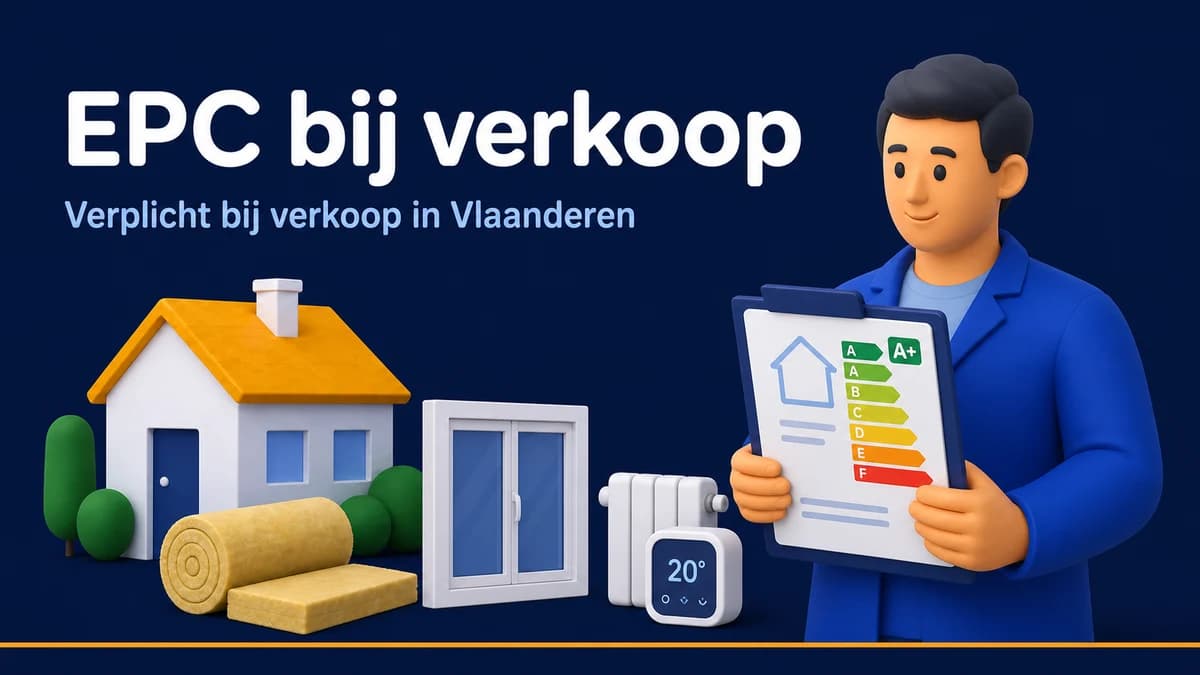 Energiedeskundige met EPC-label naast een woning, isolatie, raam en verwarming