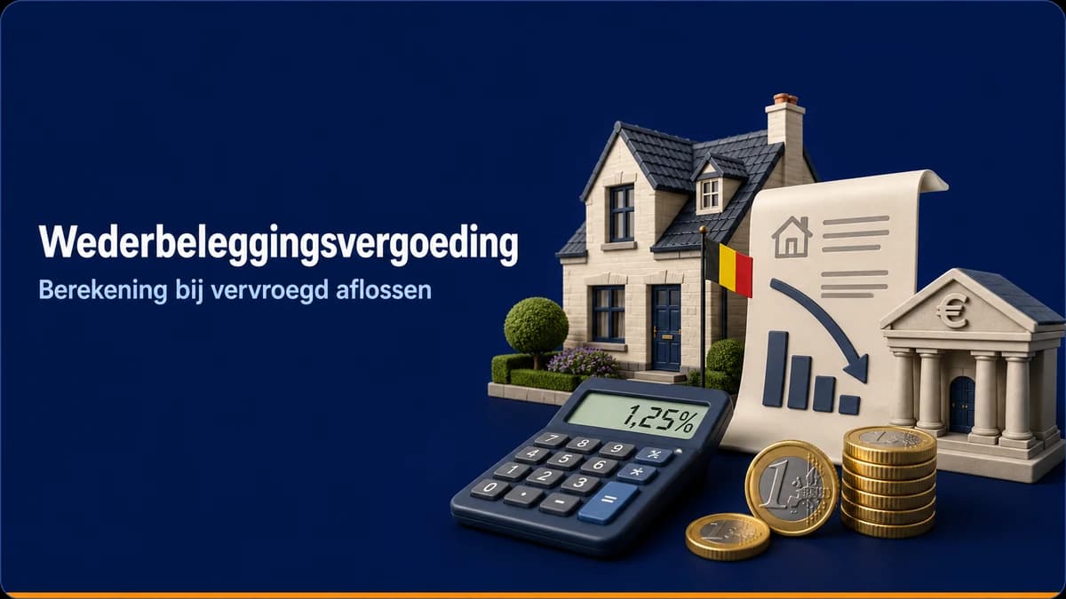 Woning, kredietdocument, calculator en bank voor de berekening van een wederbeleggingsvergoeding